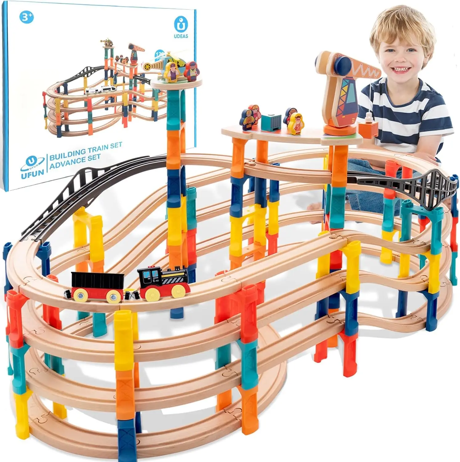 Juego de vías de tren de madera de 120 piezas, expansión de vía de 398 pulgadas, juego de tren de juguete de puente ferroviario para niños pequeños con avión y grúa magnética,