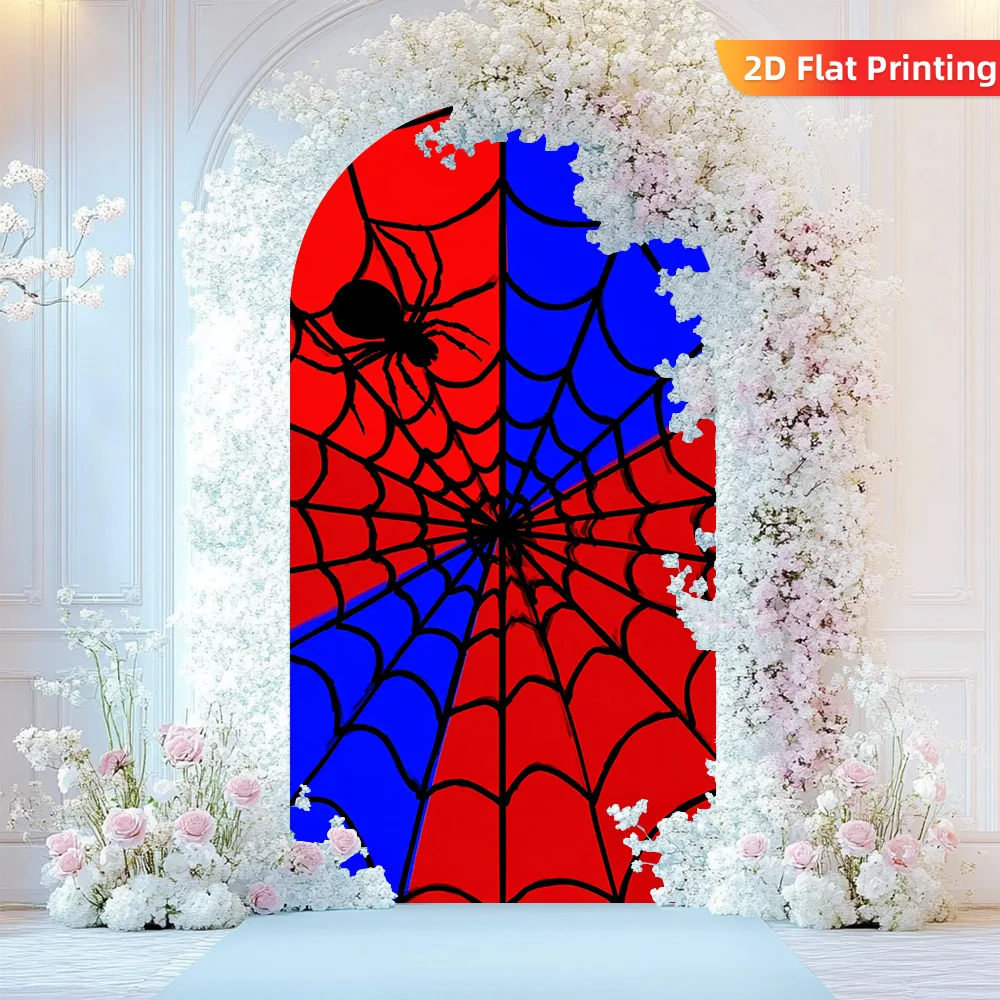 Mocsicka Custom 2-Sided Arch Cover Backdrop Red Blue Spider Web Superhero Boys Birthday Background Kids Cake Smash Photo Studio