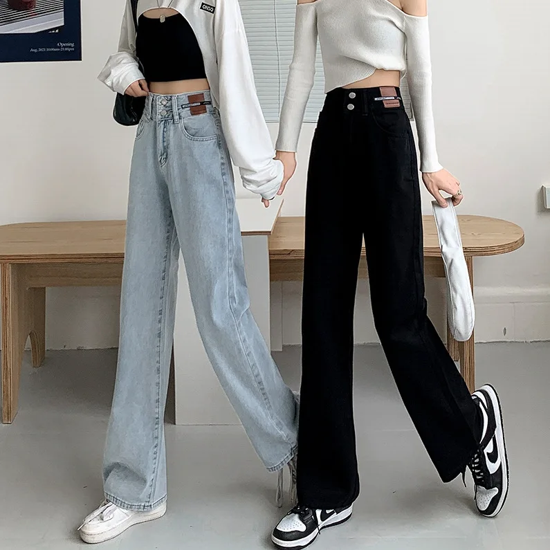 สูงเอวตรงกางเกงยีนส์ผู้หญิงล้าง Jean DENIM กางเกงยาวหลวมกระเป๋า Casual Distressed Zipper Fly ฤดูใบไม้ผลิแบน