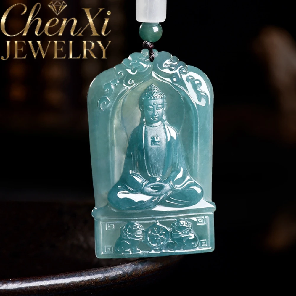 Natural Grade A Blue Water Jadeite Amitabha Buddha Pendant Blessing Token Style Jewelry, Fine Jewelry Gift All-Match Daily Wear