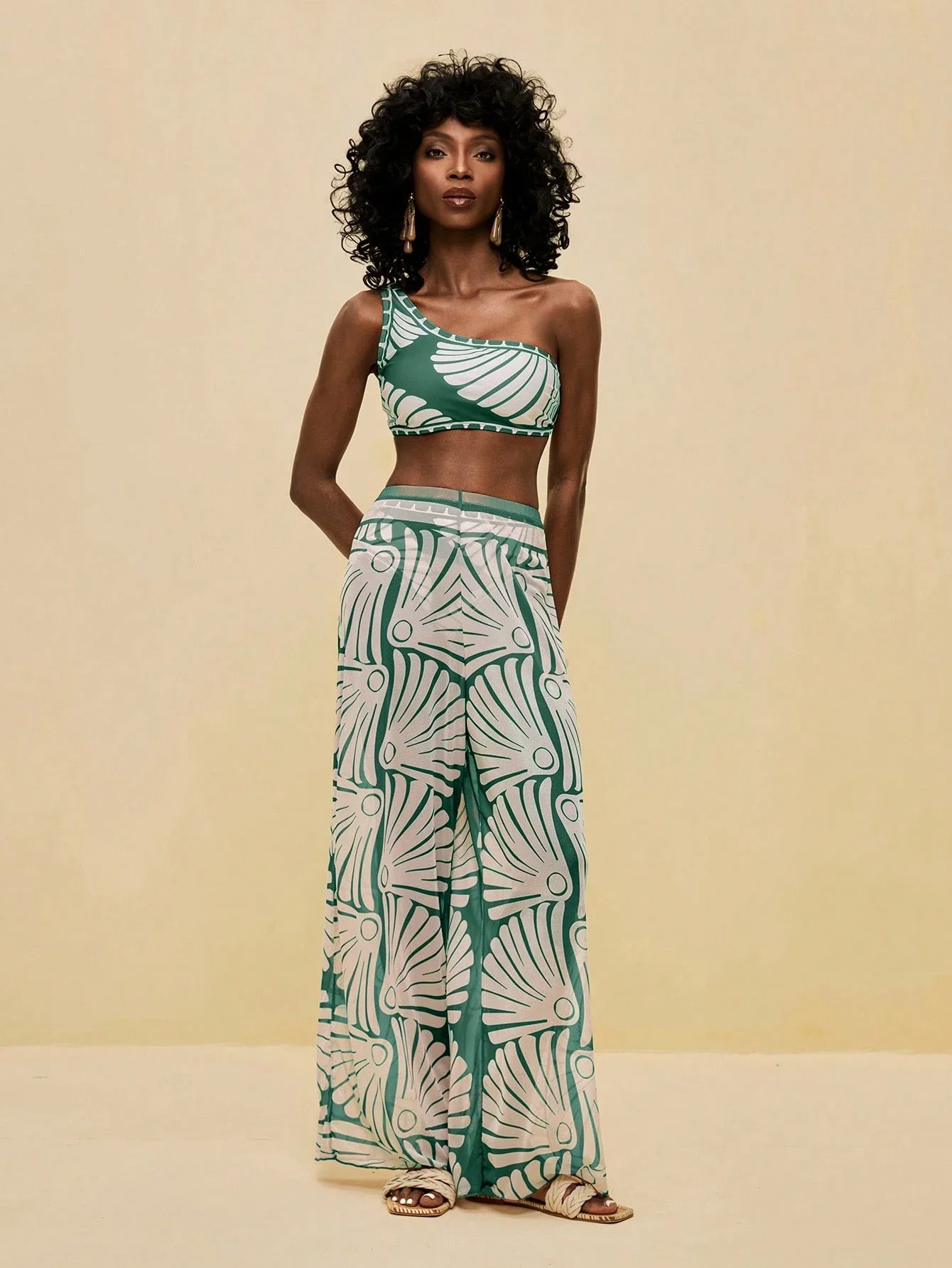

Green Shell Pattern Asymmetrical Crop Top And Flowy Mesh Wide-Leg Pants Three Piece Beach Swimwear Set