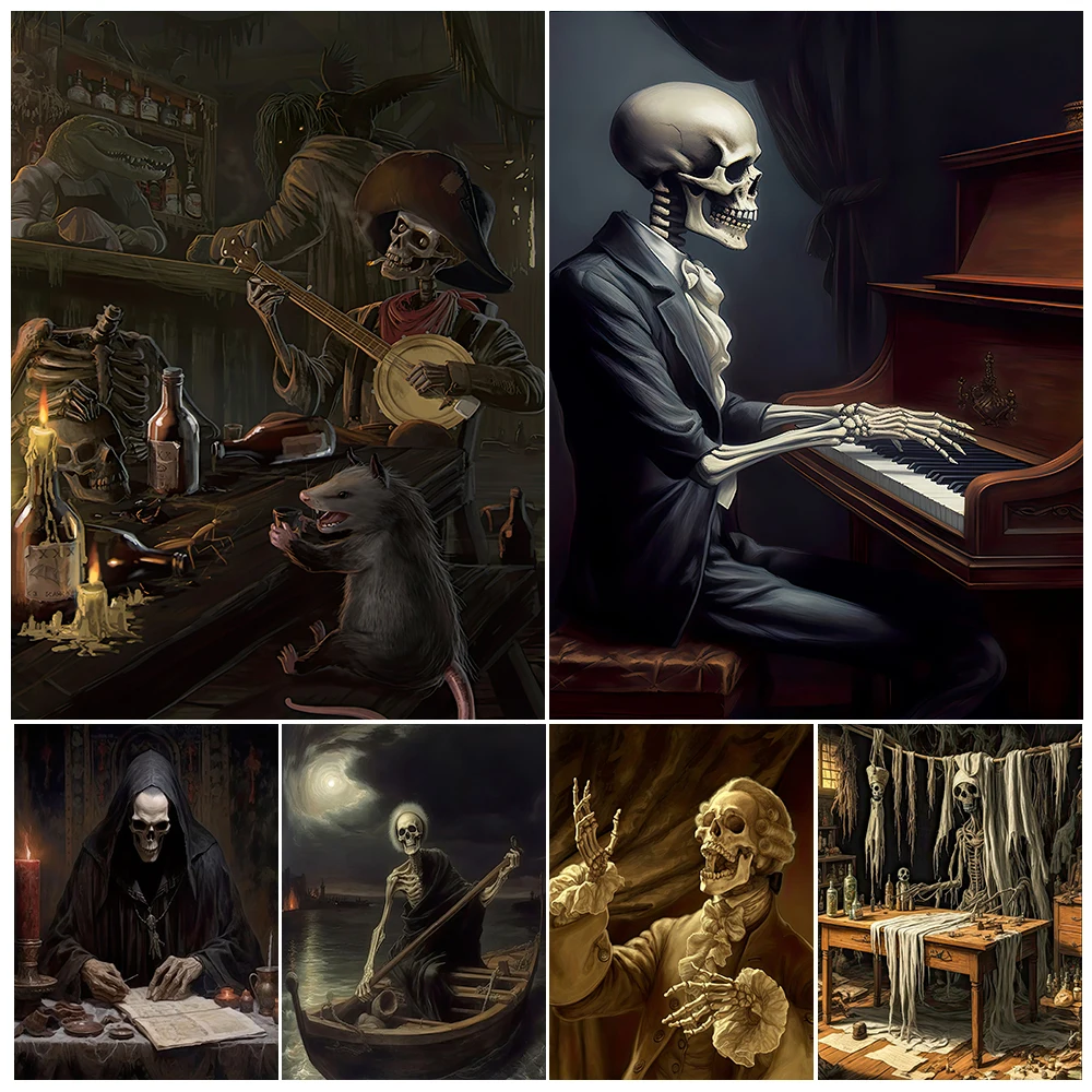Skeleton Witch Doctor And Skeleton Pianist Vintage Wall Art Print Renaissance Skeleton Painting Haunting Ghost Art Poster Print