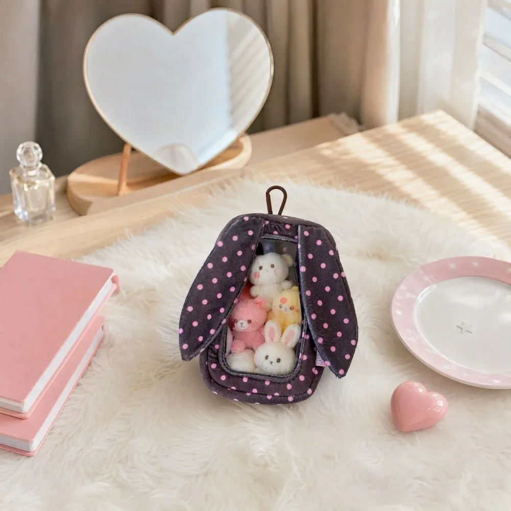 Rabbit Ear Bunny Storage Bag Transparent Dots Printed Protector Case Kaychain with Clear Window Display Bag Backpack Pendant
