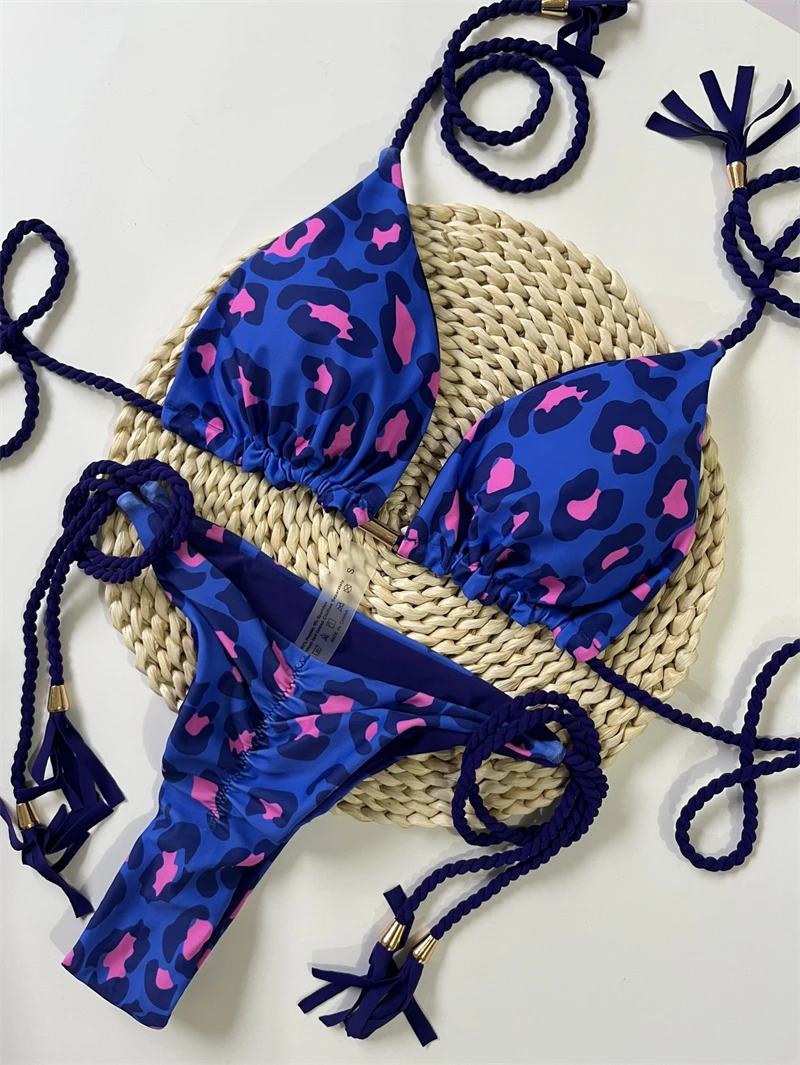 Bikini con estampado de cuerda tejida para mujer, traje de baño Sexy, brasileño, para playa y vacaciones, 2 colores