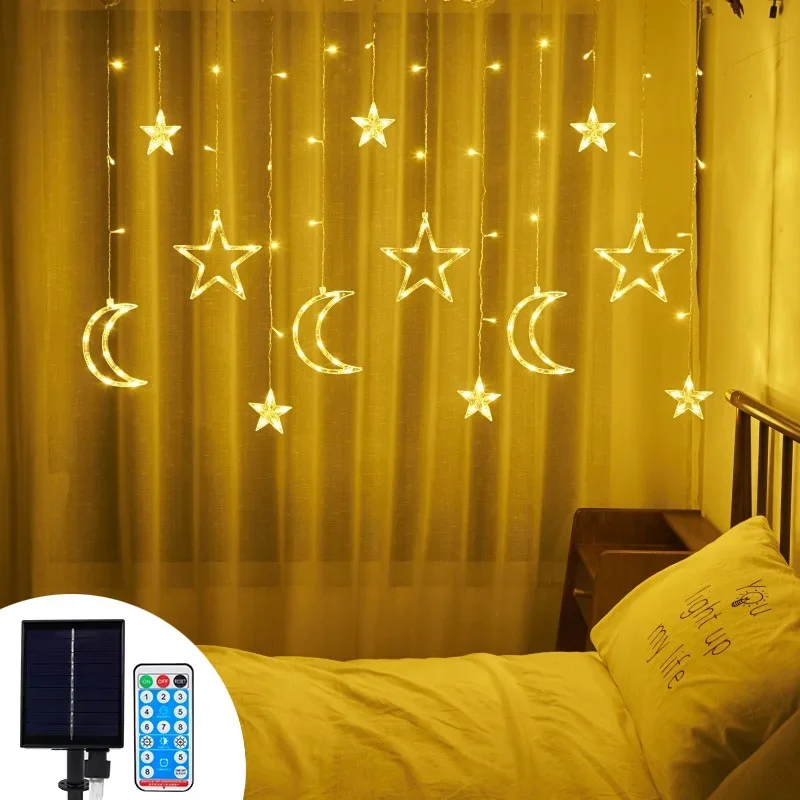 LED Solar Star Moon Curtain Lights Outdoor Waterproof Remote Control Solar Power String Light For Party Home Decor Lamp