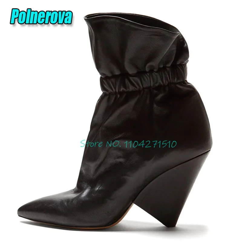 Women Ruched Leather Ankle Boots Sexy Pointed Toe Spike Heel Slip On Booties Fashion Thin High Heels Banquet Party Female Shoes