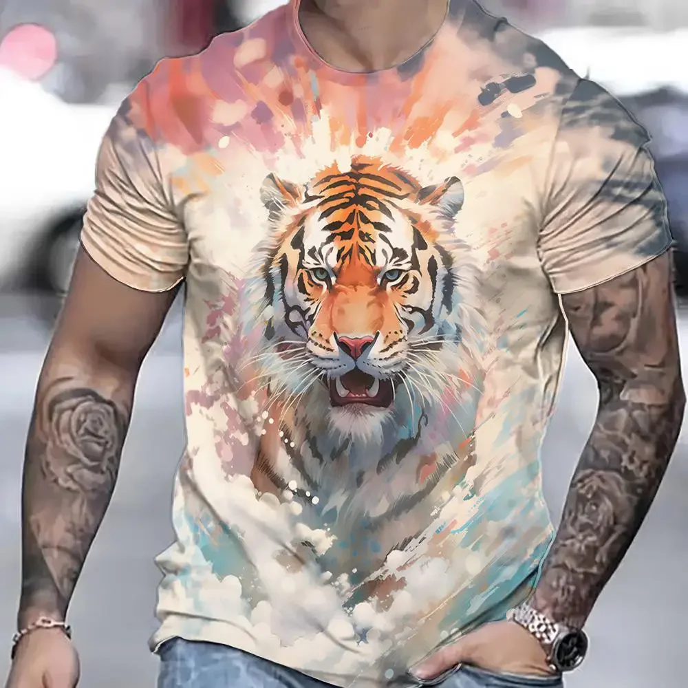 Summer New Men\'s T-shirt 3D Printed Tiger Pattern Trendy Fashion Short sleeved Casual Comfortable Domineering Top