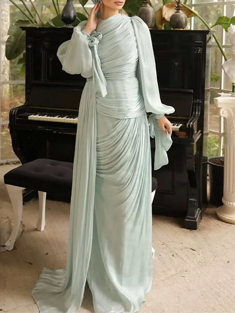 

Облегающее платье в стиле Минъюань с плиссированной шнуровкой и длинными рукавами, однотонное модное банкетное платье Юго-Восточной Азии