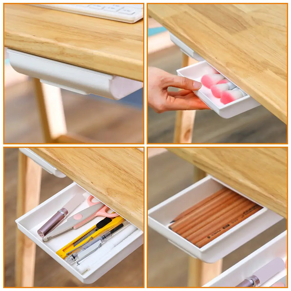 2Pcs Under Desk Drawer Organizer PP Plastic Hidden Storage Box for Office Home Kitchen Under Table Desk Attachment with Smooth