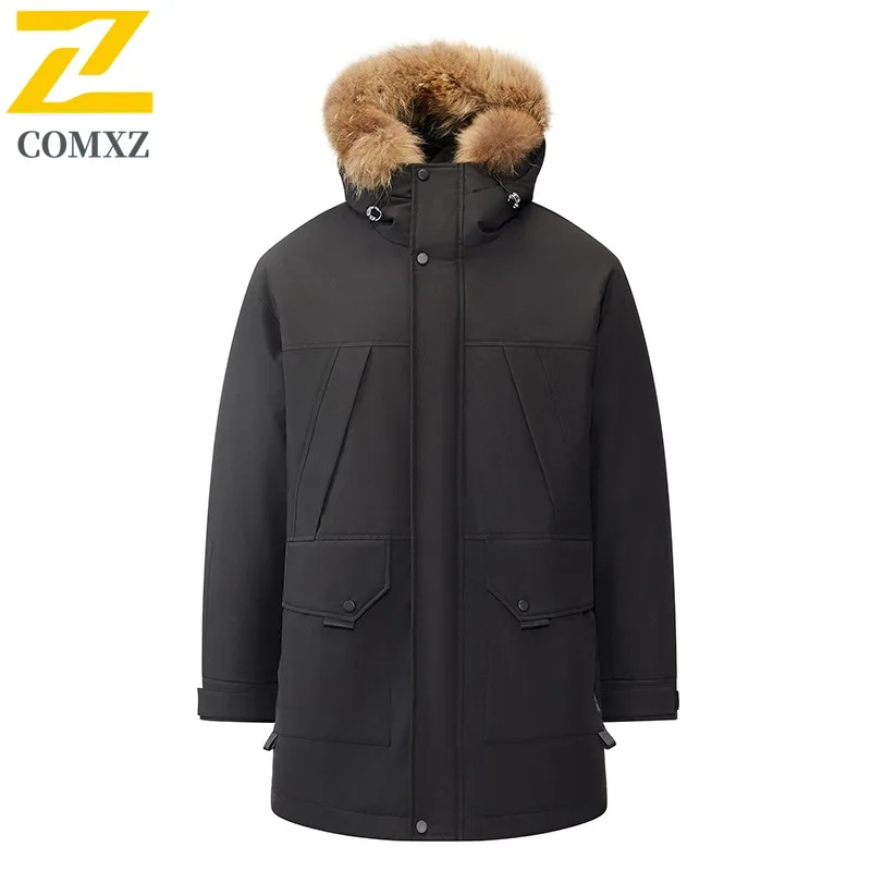 COMXZ Men Down Jacket Fashion Hooded Snow Skiing Warm Windbreaker Luxury Hiking Lightweight Thicken Windproof Filled Coat