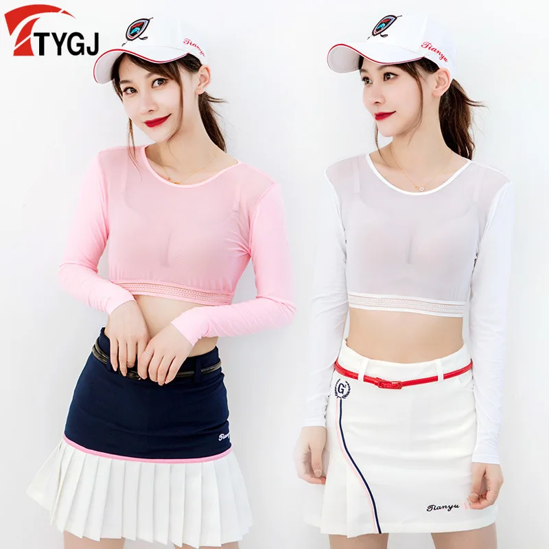 

TTYGJ Women Thin Golf Shirt Sunscreen Inside Clothes Cropped Tops with Anti-Uv Long Sleeve Ice Silk Bottoming Golf Wear Shirt