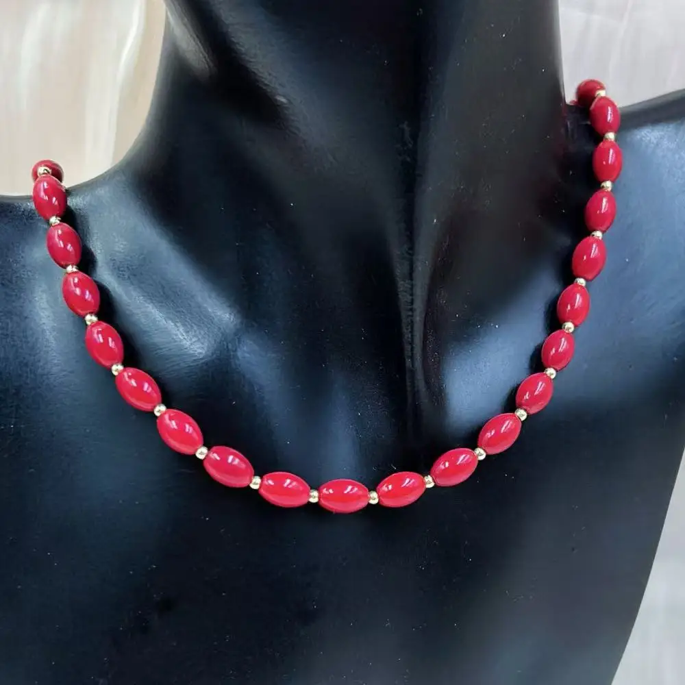 

6x9mm Rice Olivary Female Jewelry Natural Sea Bamboo Red Coral Chokers Beaded Necklace 17-20inch