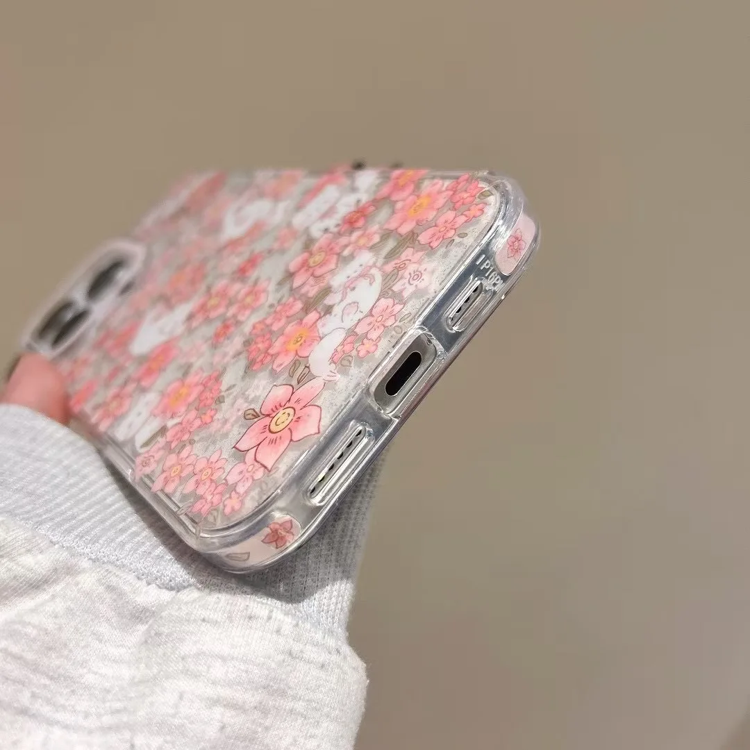 ساكورا الوردي الزهور زهر الكرز هريرة بريق الفن جراب هاتف آيفون 16 15 14 13 برو ماكس حافظة لطيف الحلو الكرتون غطاء