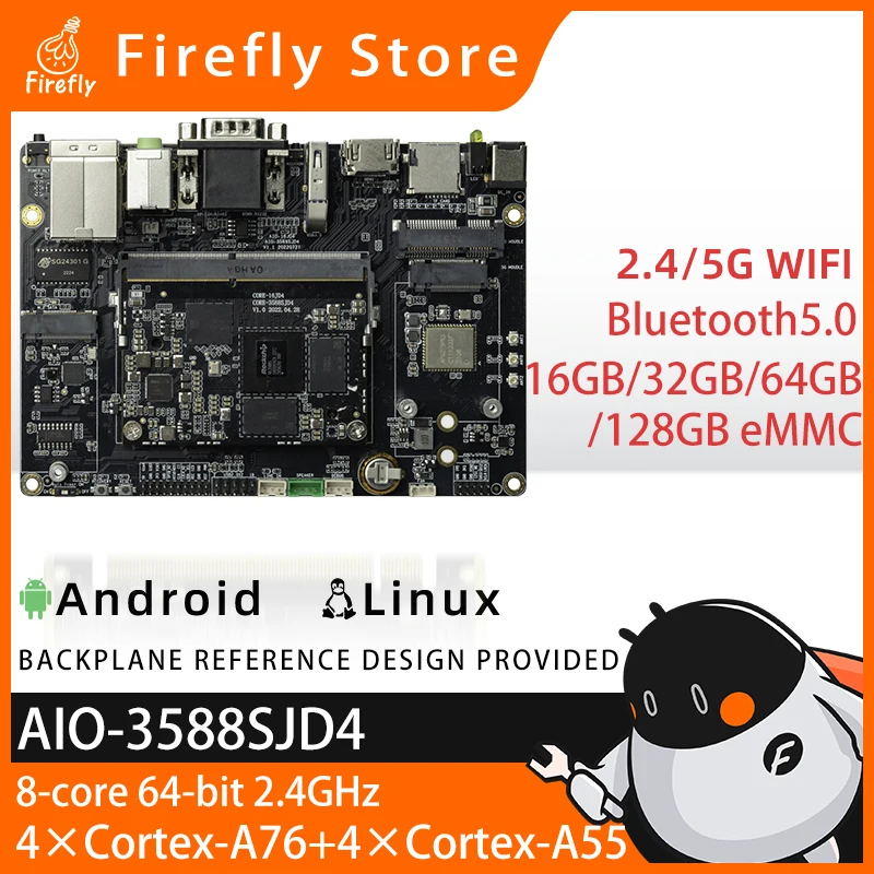 

AIO-3588SJD4 8-Core 8K AI Mainboard Rockchip RK3588S new-gen 8-core 64-bit processor with Gigabit Ethernet and dual-band WiFi6