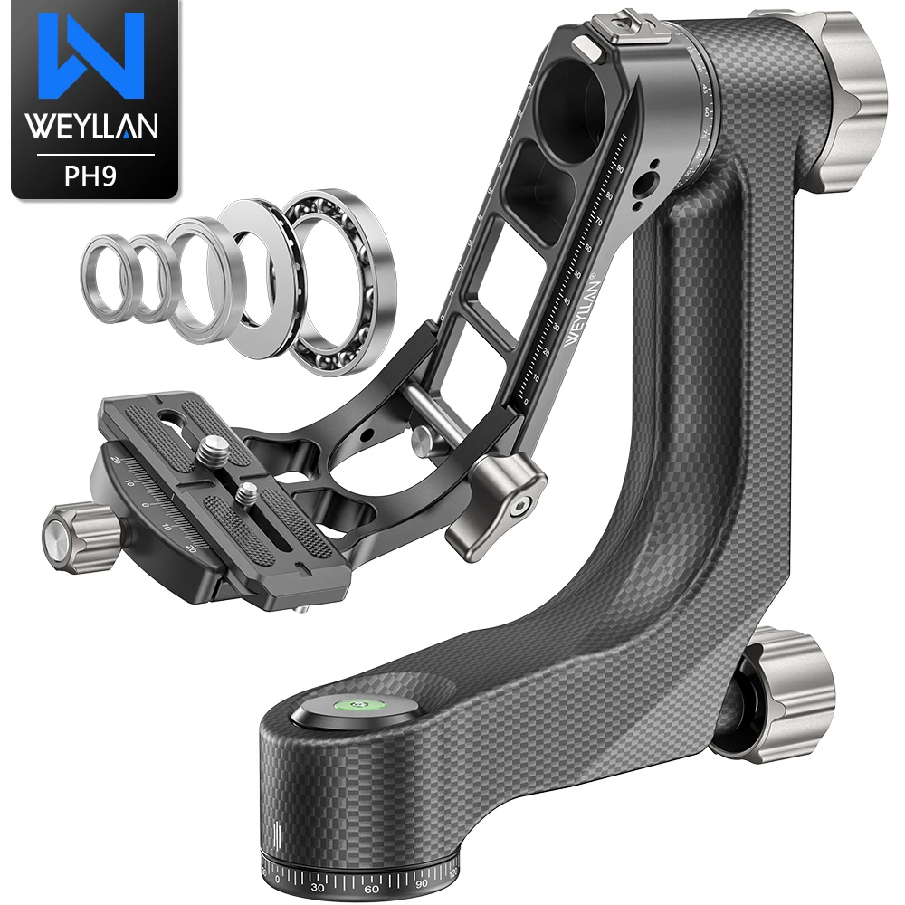 Cabezal de Trípode con Gimbal WEYLLAN PH9, Estabilizador de Gimbal de Carbono de Alta Resistencia para Cámara y Telescopio, Carga de 20 kg, Estructura de Rodamientos Completos
