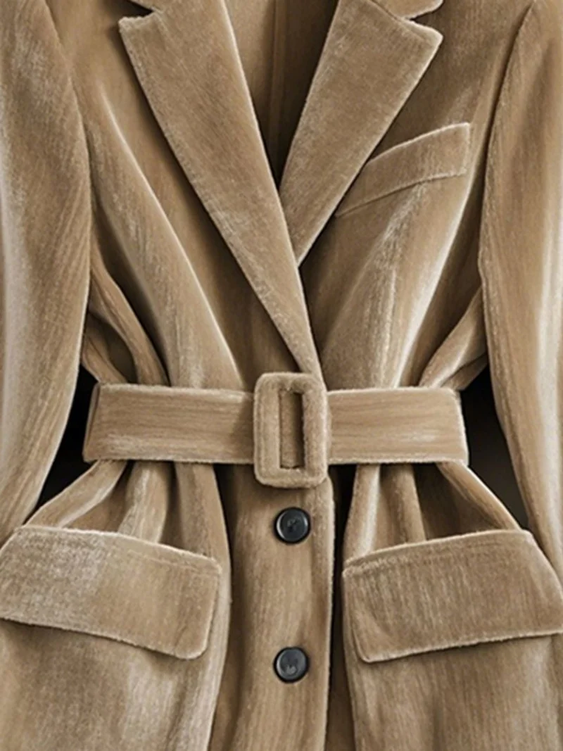카키 트렌디 벨벳 블레이저 여성용 겨울 두꺼운 긴 소매 라펠 재킷 스타일리시 다용도 아우터웨어 벨트 포함 2025