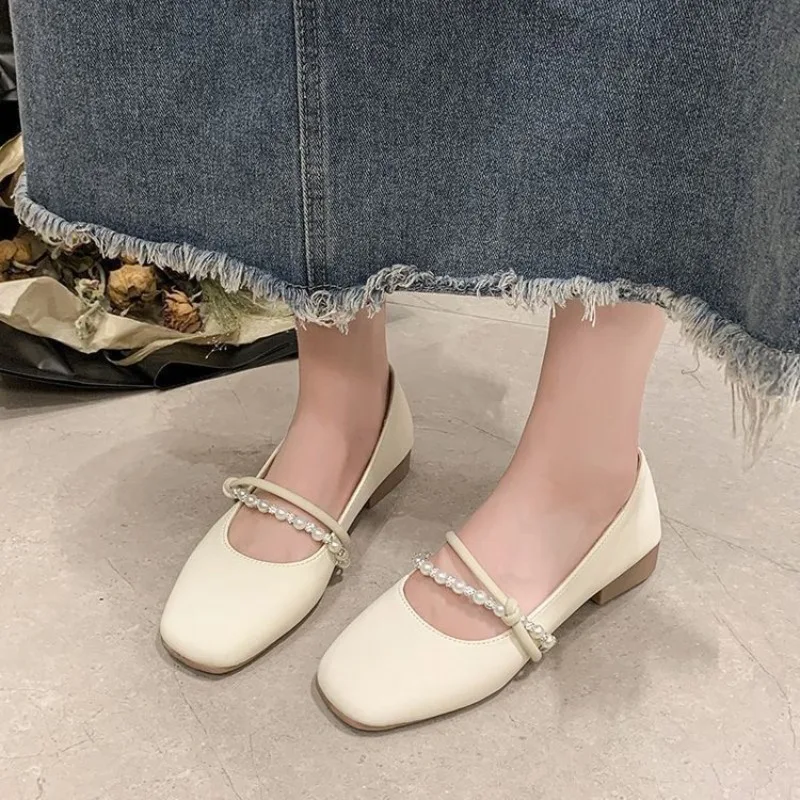 Summer Elegant Square Toe Pearl Beaded Strap Casual Office Comfy Women's Sandals Fashion Versatile Ballet Pumps Shoes for Woman