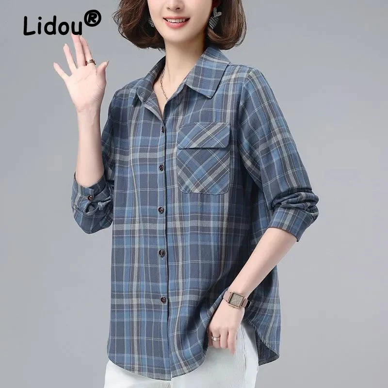 

Women Clothing Vintage Plaid Pockets Button Shirts Autumn Fashion Lapel Long Sleeve Blouse Casual Loose Cotton Tunic Tops Blusas