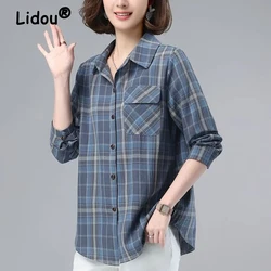 Women Clothing Vintage Plaid Pockets Button Shirts Autumn Fashion Lapel Long Sleeve Blouse Casual Loose Cotton Tunic Tops Blusas