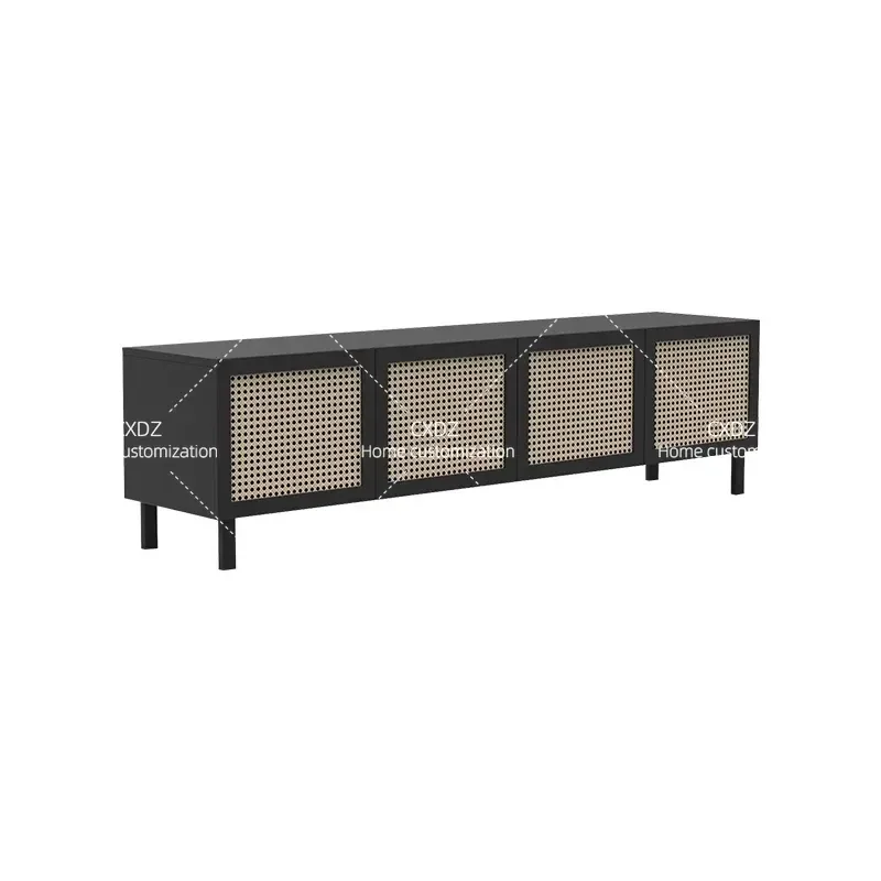 Nordic Solid Wood Rattan TV Cabinet Simple Modern Long Floor Storage Cabinet for Small Apartment Living Room Audio Visual
