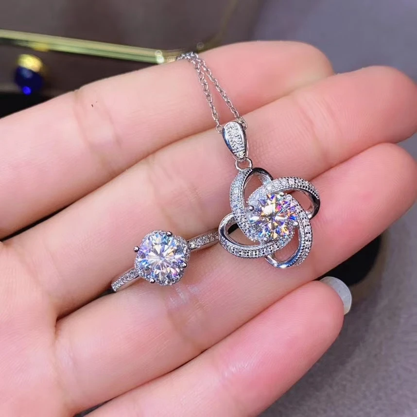 

1 Carat Real Moissanite Gemstone Jewelry Set 925 Sterling Silver Necklace Rings Women's Wedding Jewelry