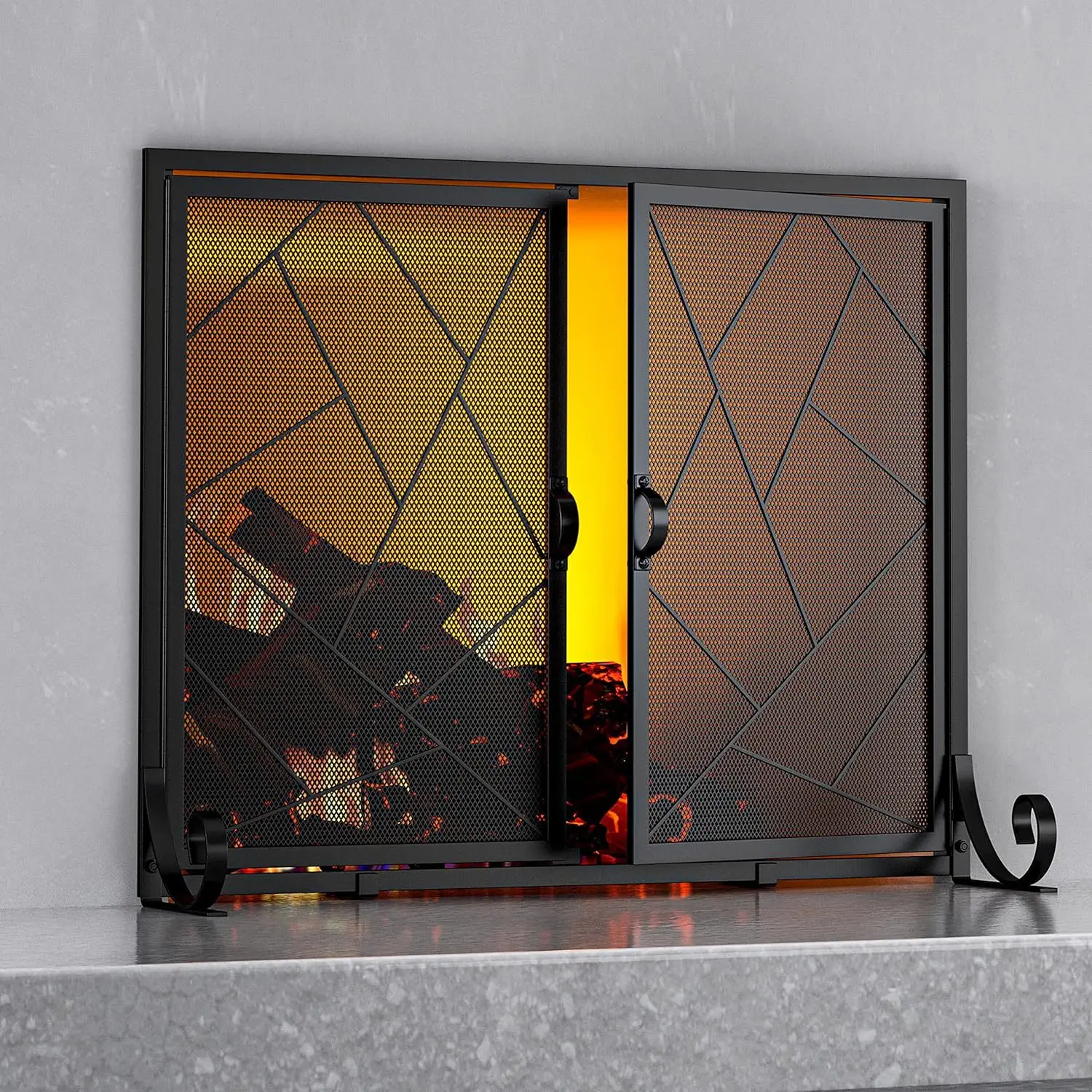 Retro country fireplace screen metal indoor simple protective cover double door wrought iron screen partition