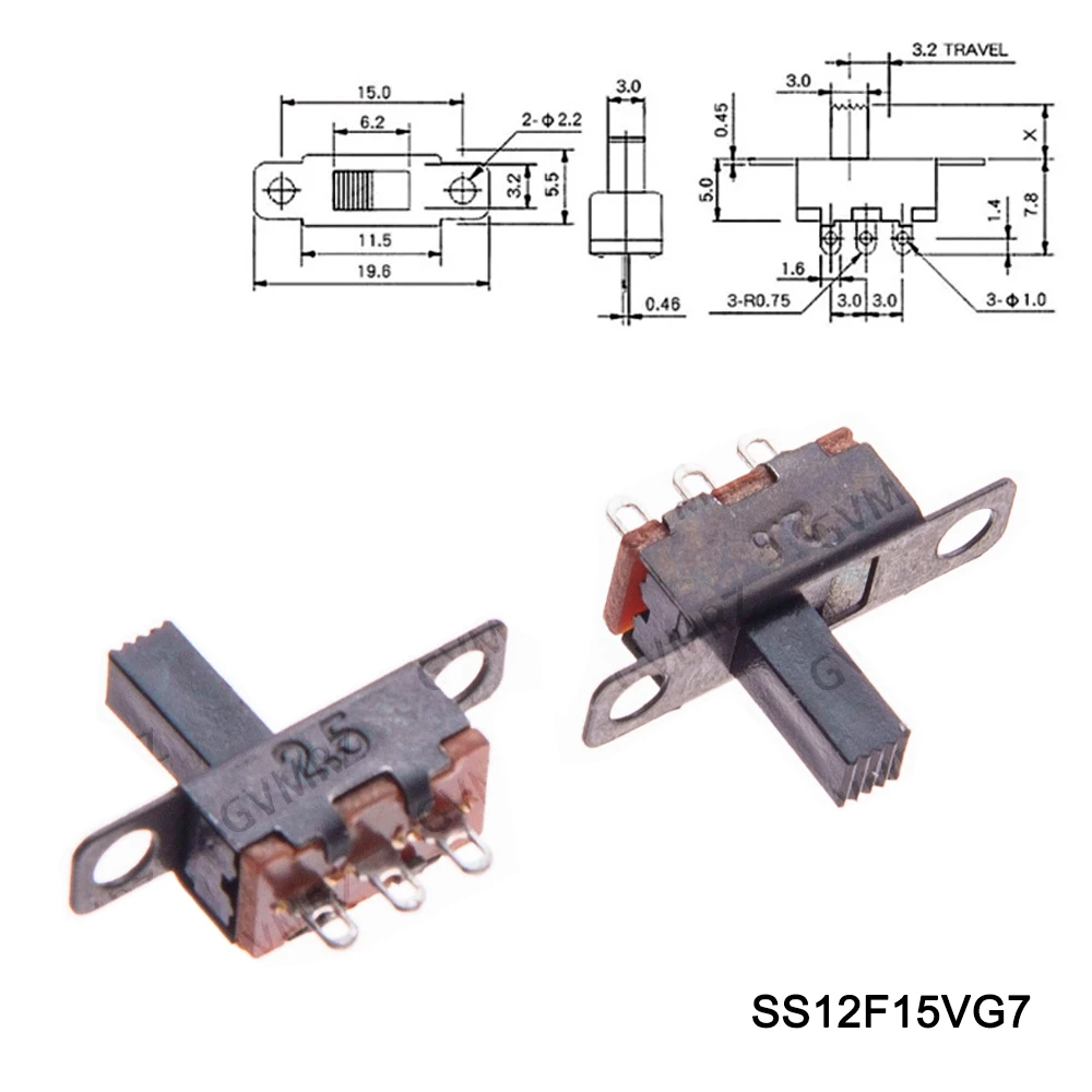 50PCS 2/3/4/5/6mm Handle Length Straight/Side Knob1P2T 3P Slide Switch Kit-SK12D07 SS12D SS12F Series,For PCB IC Circuit Control