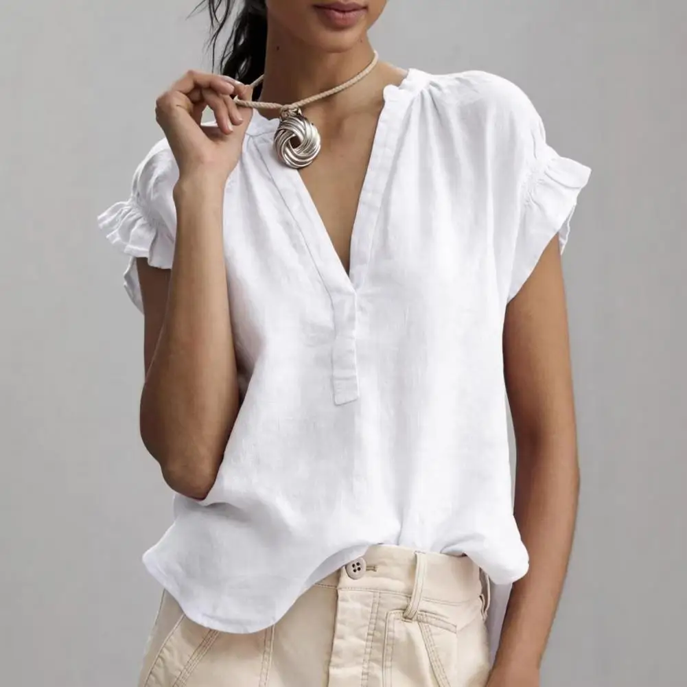

Women Shirt, V Neck Ruffled Stitching Short Sleeve Tops, Pure Color Loose Fit Pullover Tops Casual Women Blouse Office Wear