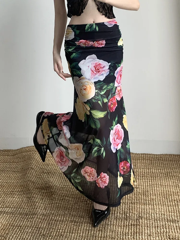 

SKMY Summer Women's Clothing Fashion Floral Printed Vacation Long Skirts Slim Fit Low Waist Hip Hugging Skirts Spicy Girls