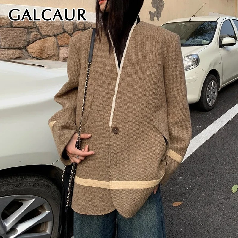 GALCAUR Spliced Raw Edge Coat For Women V Neck Long Sleeve Loose Patchwork Single Button Hit Color Striped Woolen Jacket Female