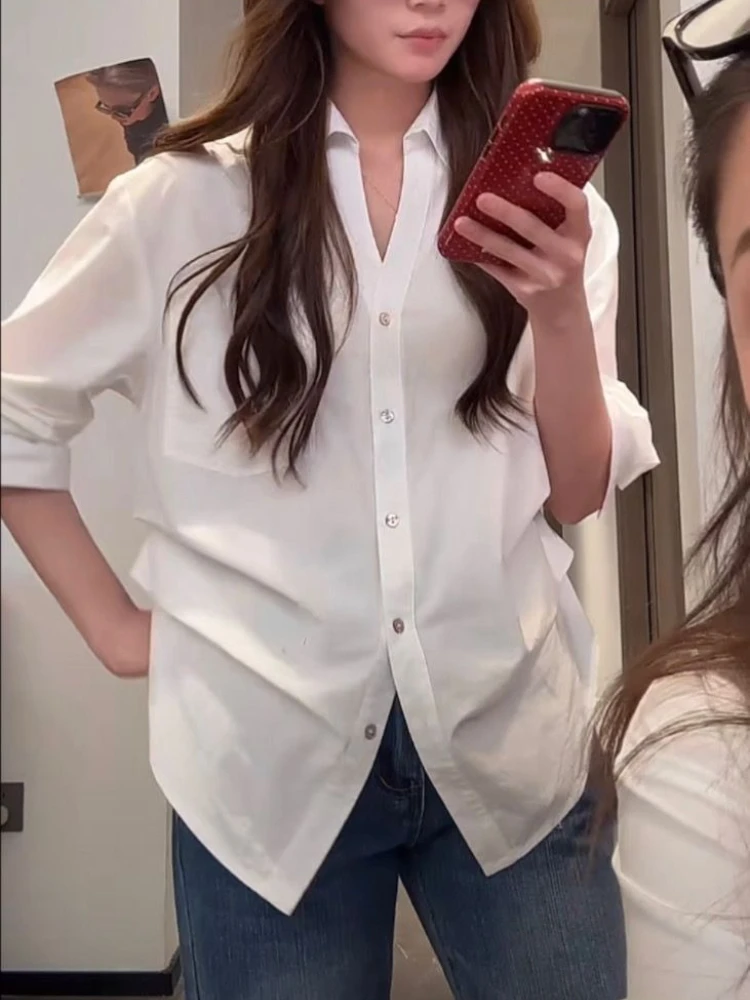 韓国風シックルーズシャツVネックホワイトブラウス女性カジュアルエレガントオフィスレディハーフスリーブブラウス女性夏秋ルーズトップス