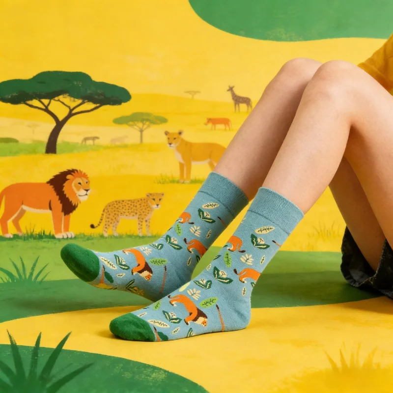 1 par de calcetines bonitos de Savanna Lion para mujer, calcetines de algodón hasta la pantorrilla con bloques de color azul menta, calcetines de dibujos animados a la moda