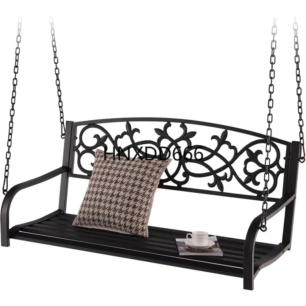 Hanging  Bench with Chains, Backrest & Armrests, Classic Outdoor Metal Swing Chair with Floral Pattern, Patio Swings