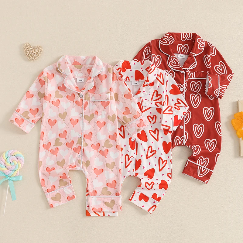 Tregren 0-24M Valentine's Day Baby Girl Pajama Romper Newborn Infant Long Sleeve Lapel Heart Print Spring Sleepwear Bodysuit