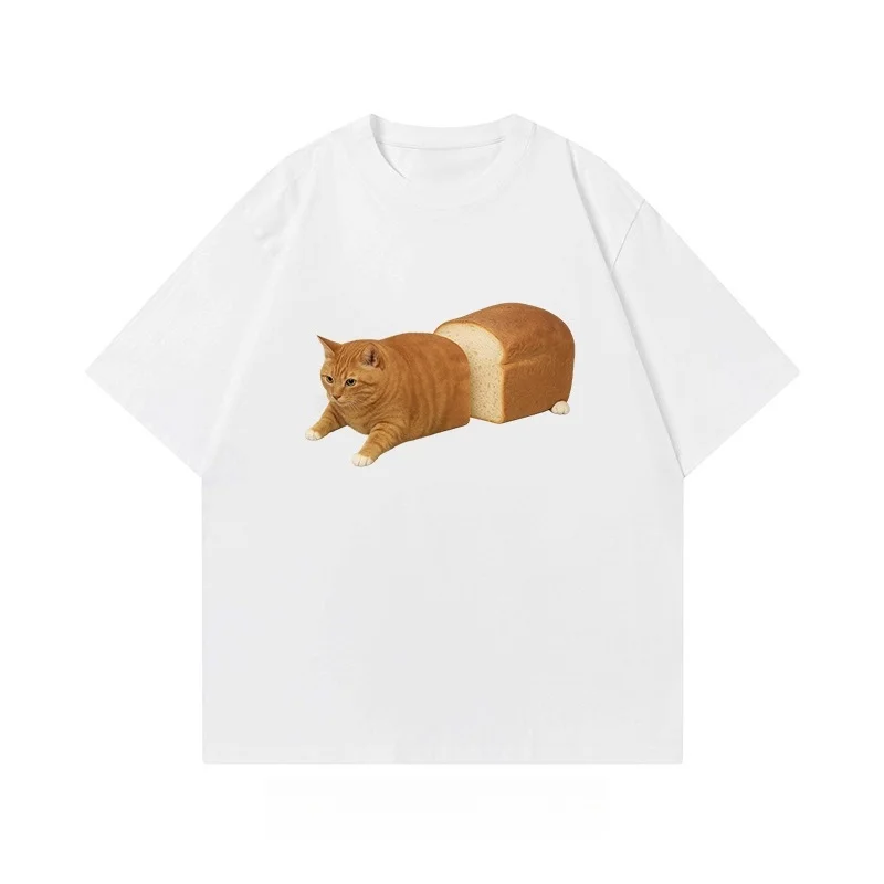 

2025 Summer New Style Funny Bread Cat Print T-shirt Fashionable Casual Short-sleeved Men's and Women's Oversized Top