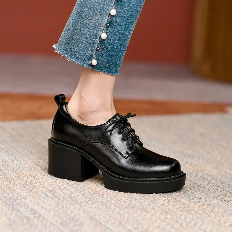 2023 Spring New Genuine Leather Platform Shoes Casual Round Toe Shoes Woman Chunky Heel Lace-up Winter Women Shoes Zapatos Mujer