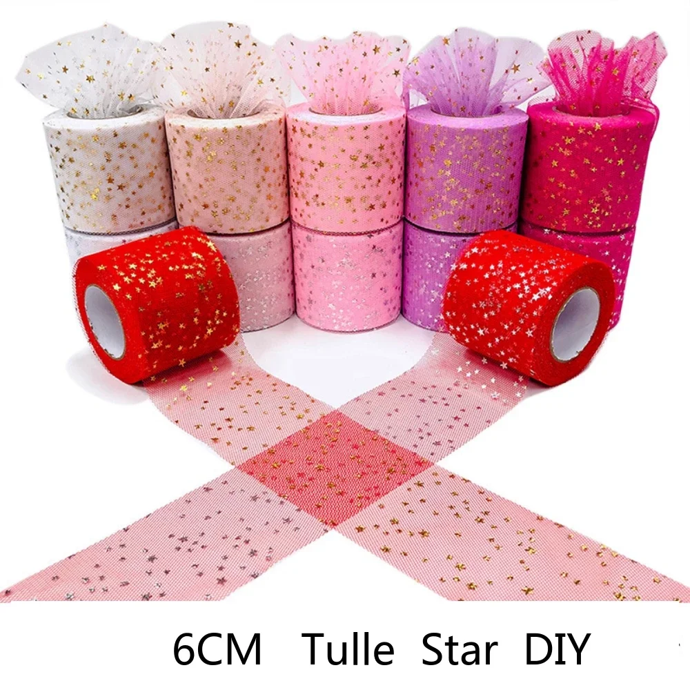 Rollo de tul con estampado en caliente de estrellas plateadas, accesorios para el cabello para niños, decoración de regalo de boda, tamaño 6cm x 25