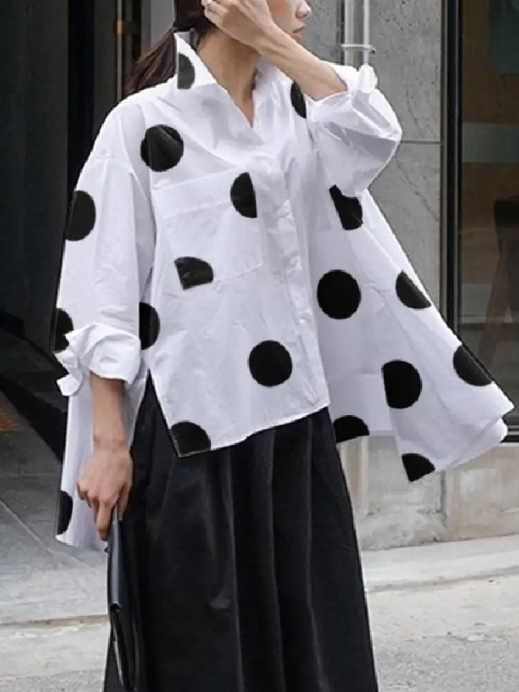 UOOZEE Women's Fashion Polka-Dot Lapel Blouses 2024 Spring Autumn Long Sleeves Loose High-low Casual Korean Style Shirts Tops