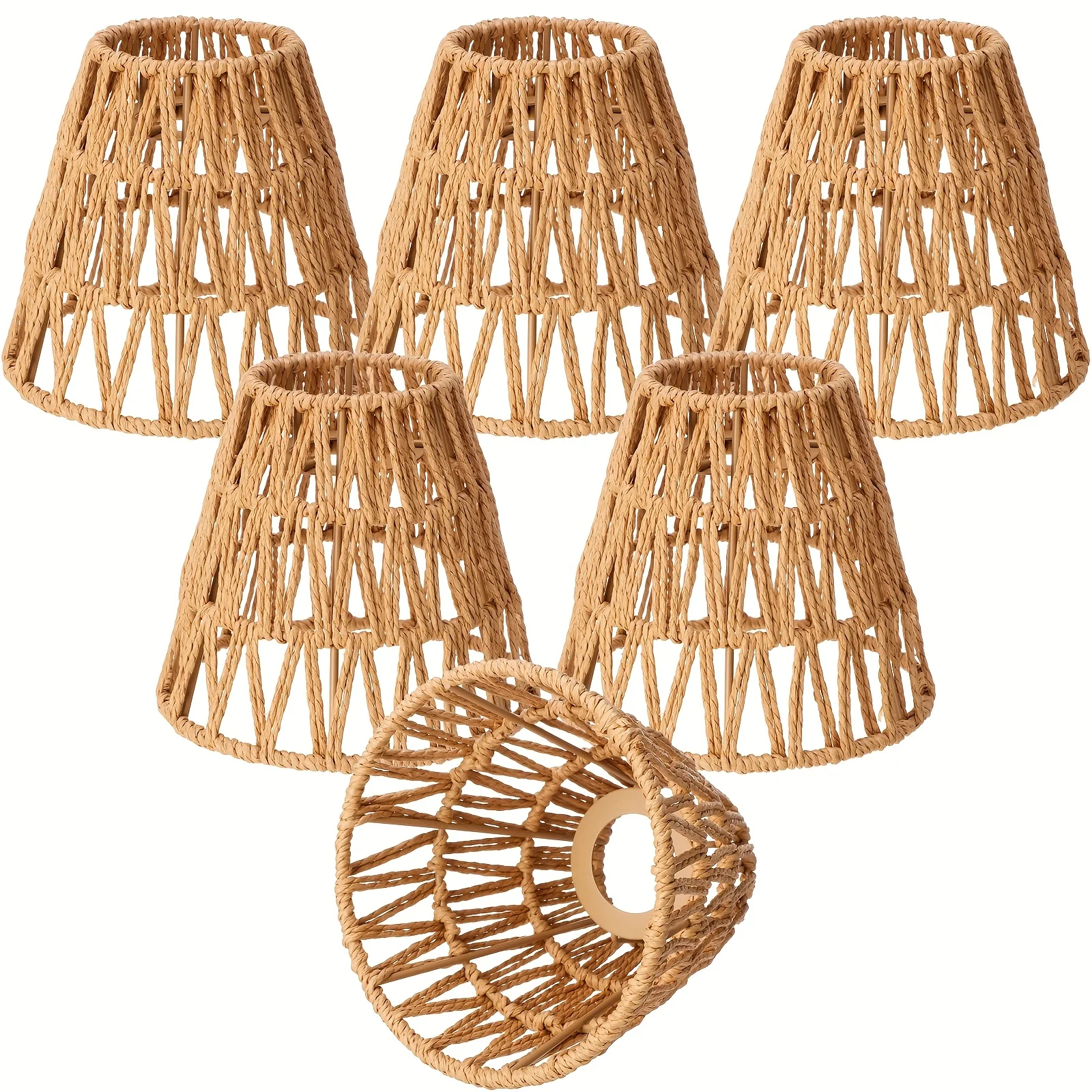 

6pcs Natural Rattan Bell Lamp Shades - Handwoven Boho Barrel Ceiling & Table/Floor Lamp Fixtures, 5.9”H x 5”D with 1.53” Standard Fitter, Rustic Farmhouse Decor Lighting Replacement Shades (No Batteries/Electricity Required)