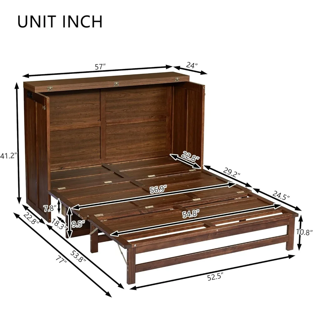 Full Size Murphy Bed with Storage Drawer and USB Ports, Solid Pine Murphy Bed Farm for Home Office, Studio, Guest Room