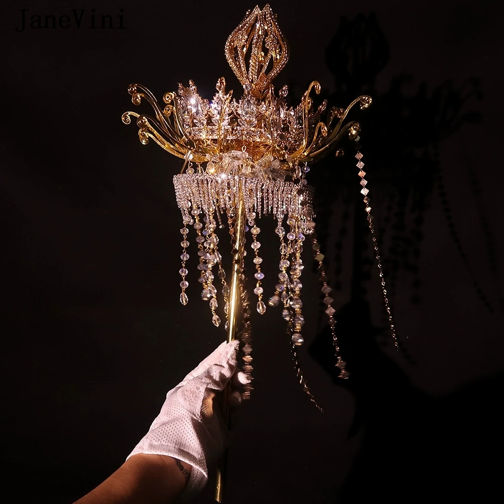 

JaneVini 2023 Sparkly Scepter Crowns Beaded Tassels Luxury Gold Wedding Bouquets Crystal Artificial Bridal Hand Holding Flowers