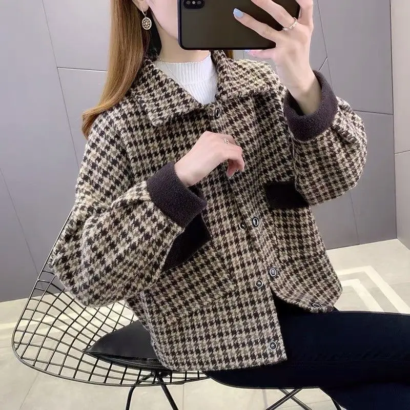 

Thickened woolen plaid coat for women's autumn and winter new loose-knit double-sided nylon coat for women's outer wear