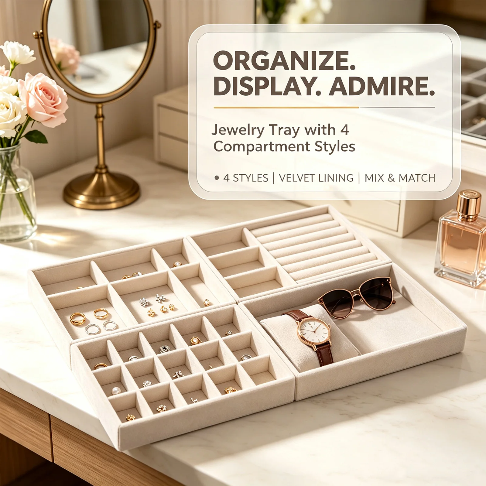 4Pcs Velvet Jewelry Display Tray Stackable Drawer Insert Jewelry Storage Tray Multiple Compartments Jewelry Holder Organizer