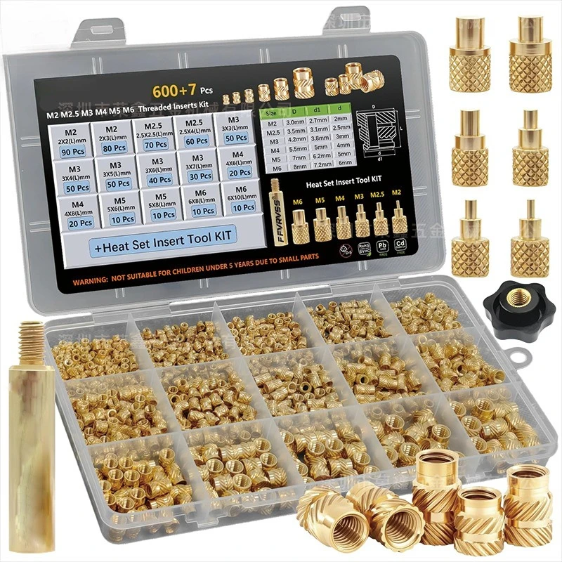 300+6 / 600+7Pcs Knurled Brass Inserts, Mold-in Threaded Nuts, Hot Press Embedded Copper Nuts Assortment Kit