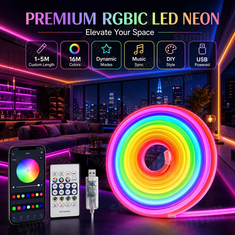 5/10M USB RGBIC Neon Strip Light Waterproof Bendable Cuttable LED Neon Rope APP & IR Remote Controller for DIY Lighting Project
