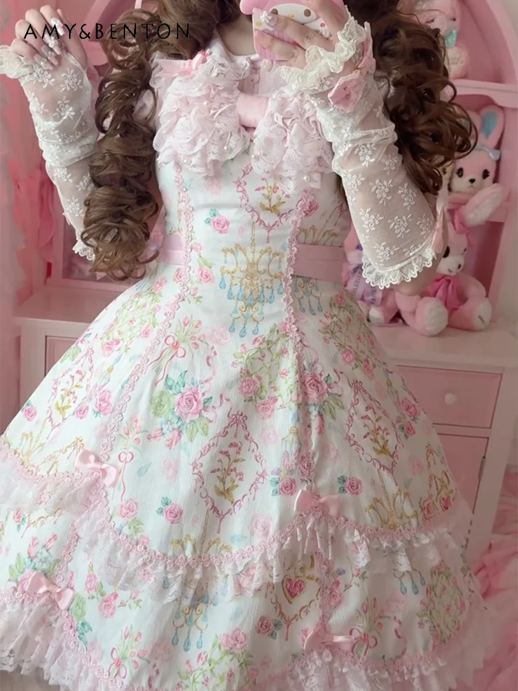 

Sweet Elegant Floral Print Lolita Strap Dress JSK Elegant Evening Dresses Lace Patchwork Multi-layer Birthday Dress for Women