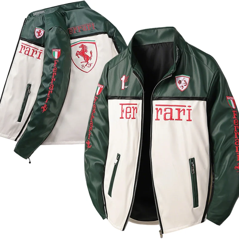 

For Ferrari Racing team Suit enthusiasts Motorcycle Jacket Autumn Spring Embroidered Thin Leather Jacket American Casual Jackets