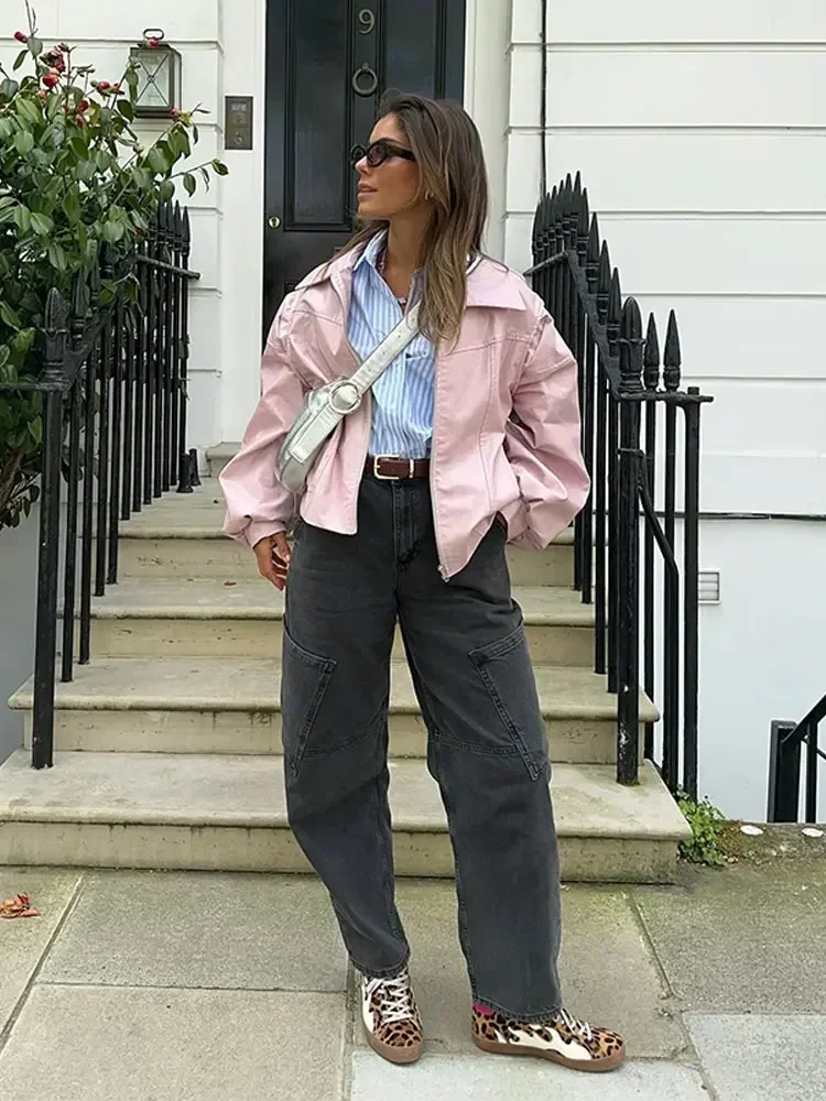 Chaquetas de cuero con solapa y cremallera para mujer, ropa de calle elegante de manga larga con bolsillo, color rosa, 2024