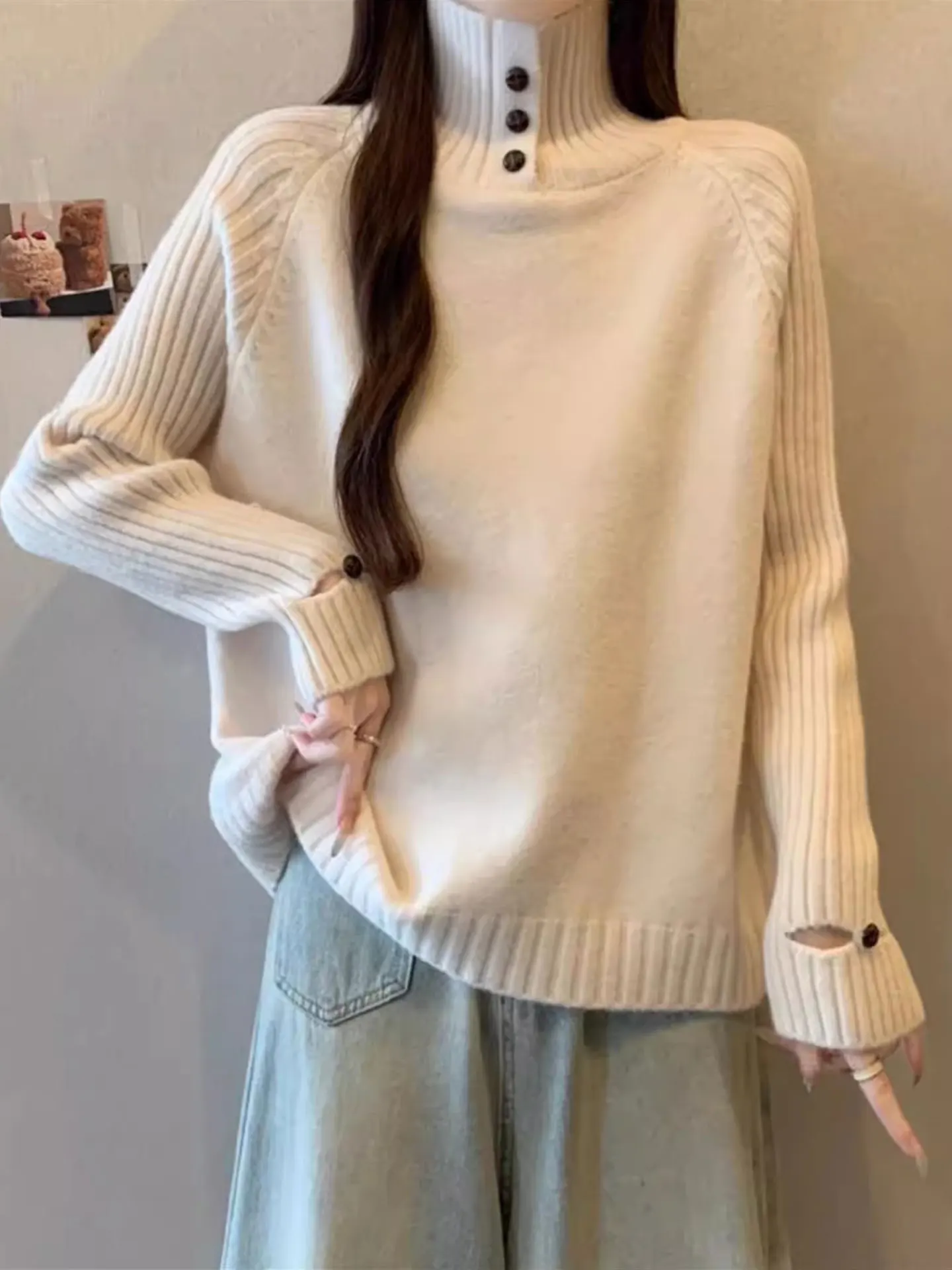 

Ele White Thiened Long Sve Knitted Sweater Women's Base Layer Top f High Collar Autumn Winter plus Size Inner Wear