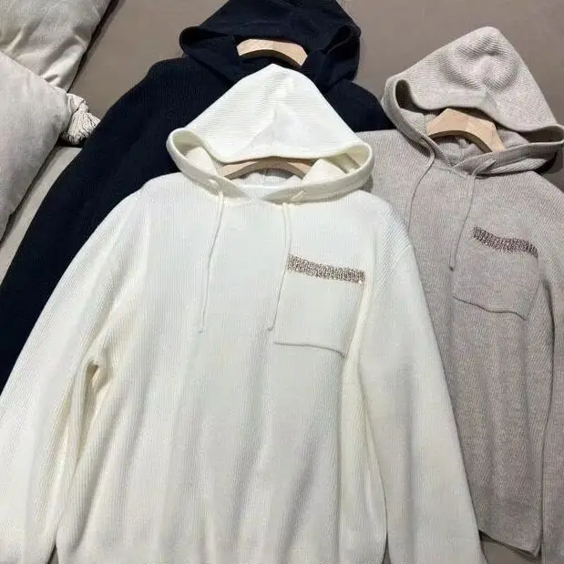 Extremely  Simple Hooded 100 Merino Wool Sweater Women's White Drawstring Chest Bag Sweater Lazy Versatile  Top